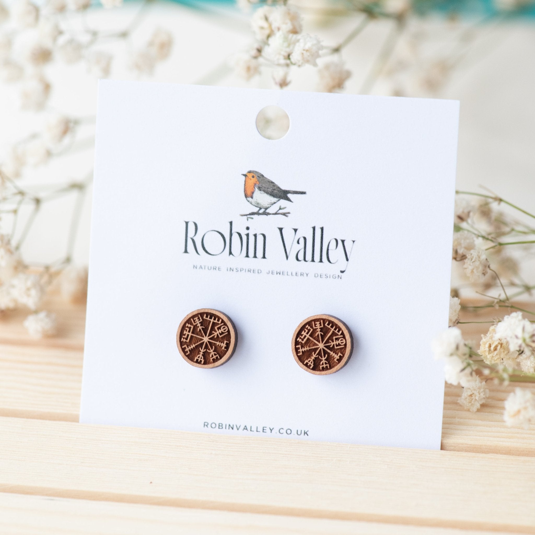 Viking Compass Cherry Wood Stud Earrings - ET15009 - Robin Valley Official Store