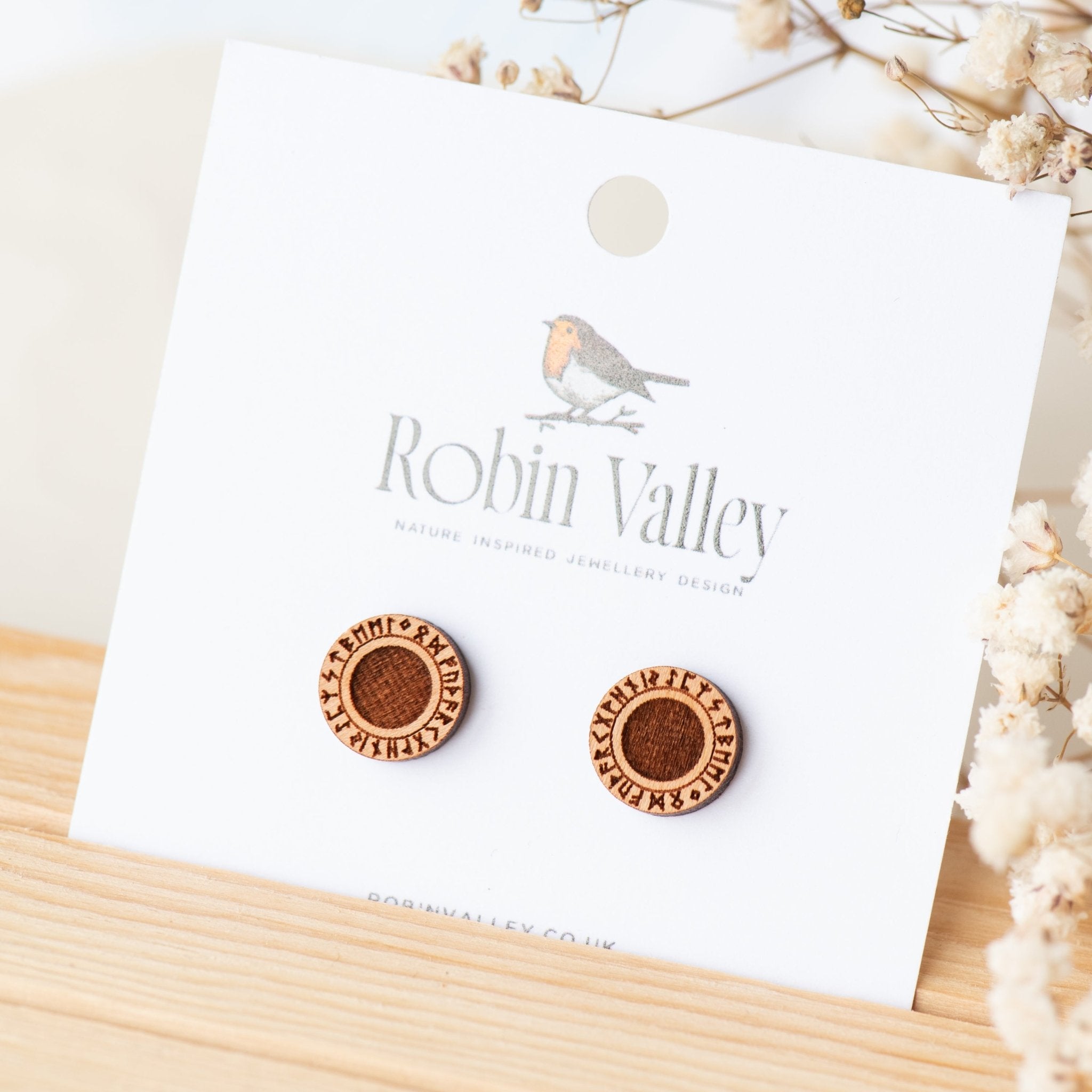 Viking Rune Cherry Wood Stud Earrings - ET15081 - Robin Valley Official Store