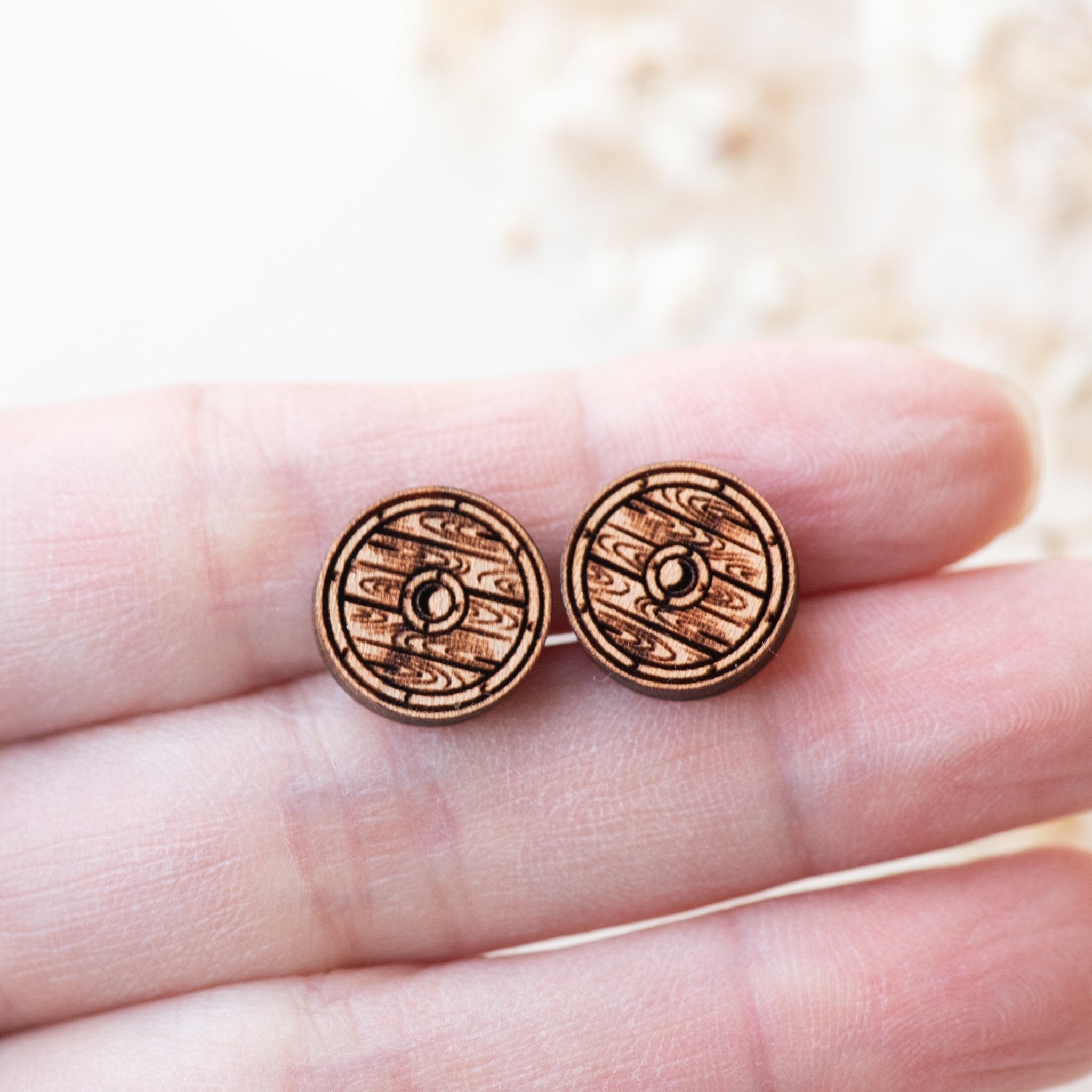 Viking Shield Cherry Wood Stud Earrings - ET15068 - Robin Valley Official Store