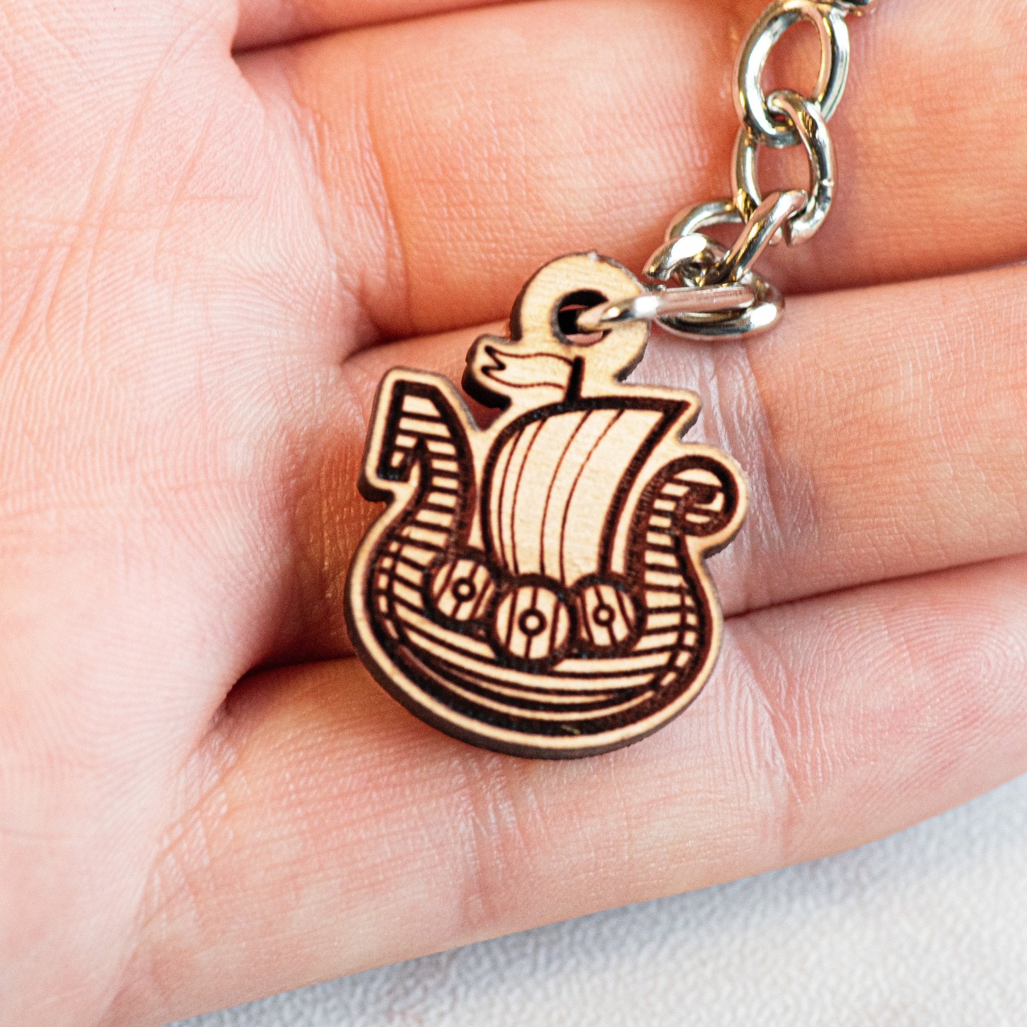 Viking Ship Cherry Wood Keyring - KT25129 - Robin Valley Official Store