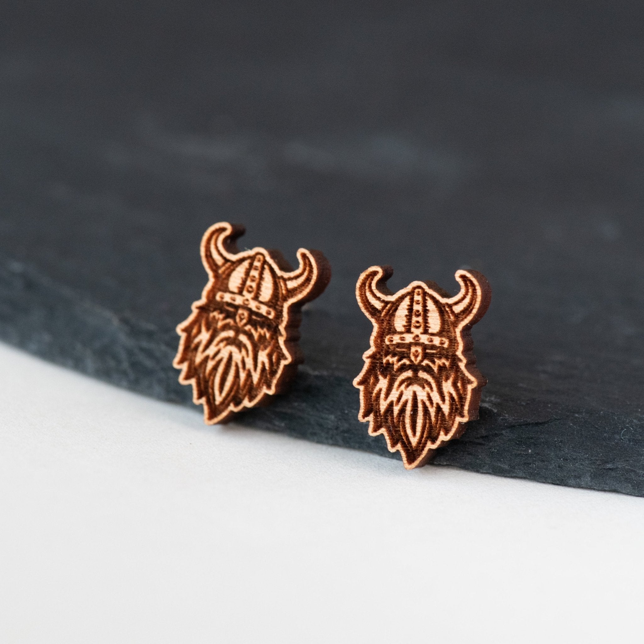 Viking Warrior Cherry Wood Stud Earrings - ET15131 - Robin Valley Official Store