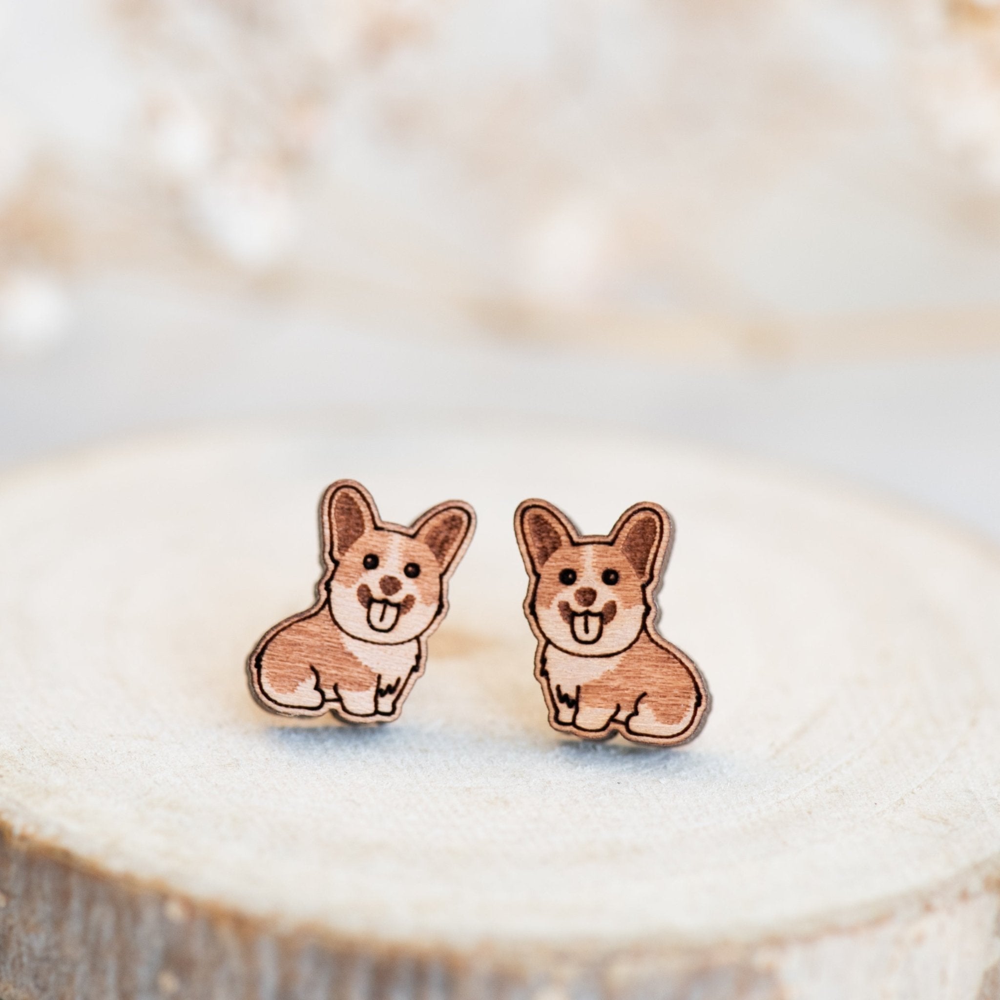 Wooden Corgi (sitting) Wood Earrings - EL10158 - Robin Valley Official Store