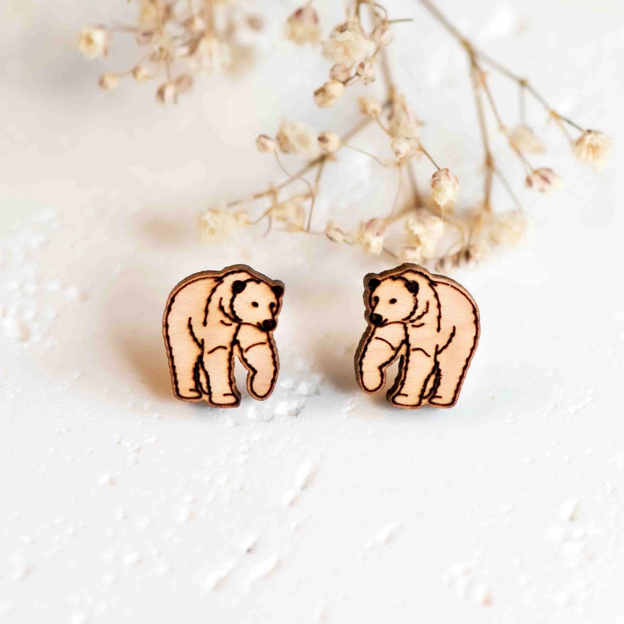 Wooden Realistic Polar Bear Earrings - EL10250 - Robin Valley Official Store