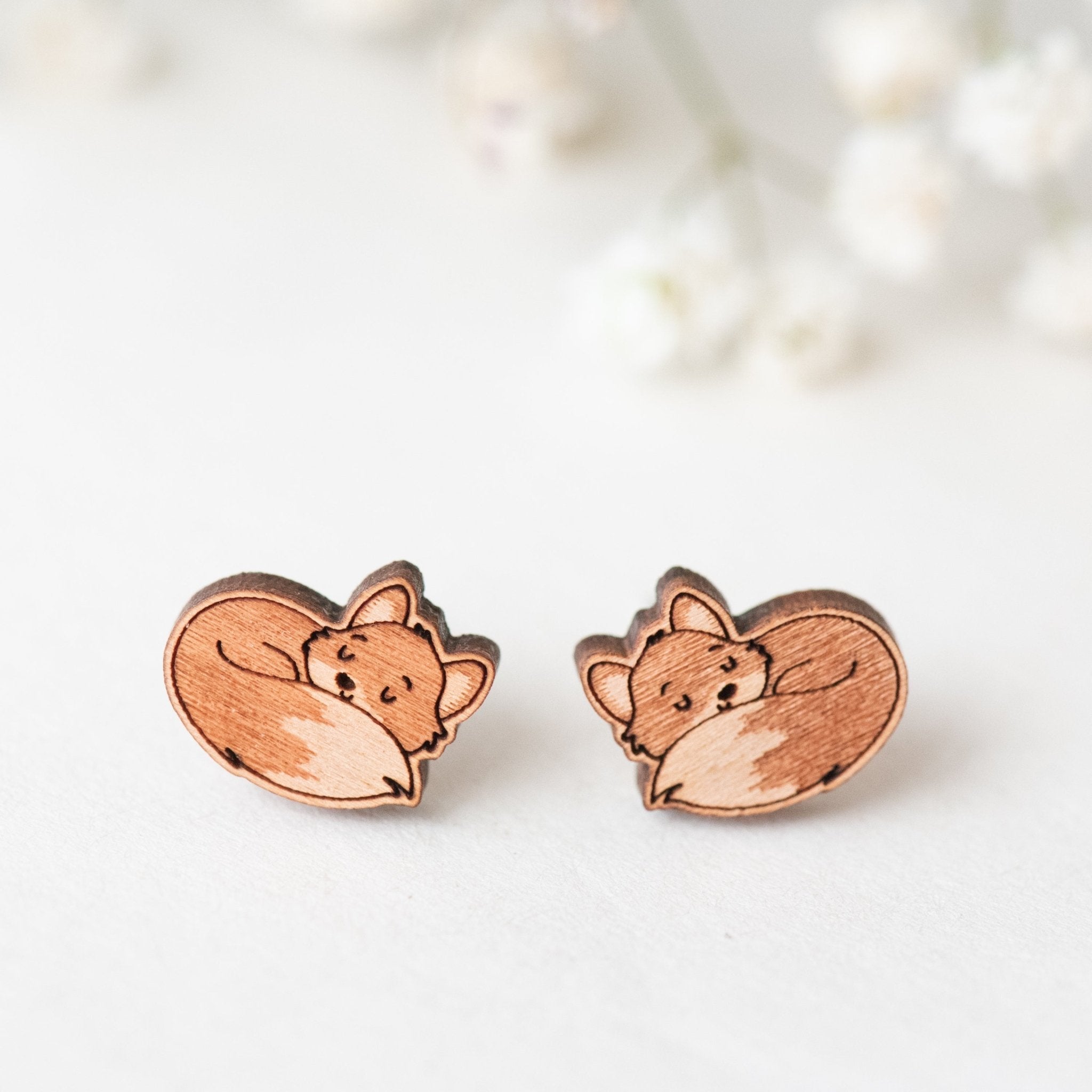 Wooden Sleeping Fox Earrings - EL10012 - Robin Valley Official Store