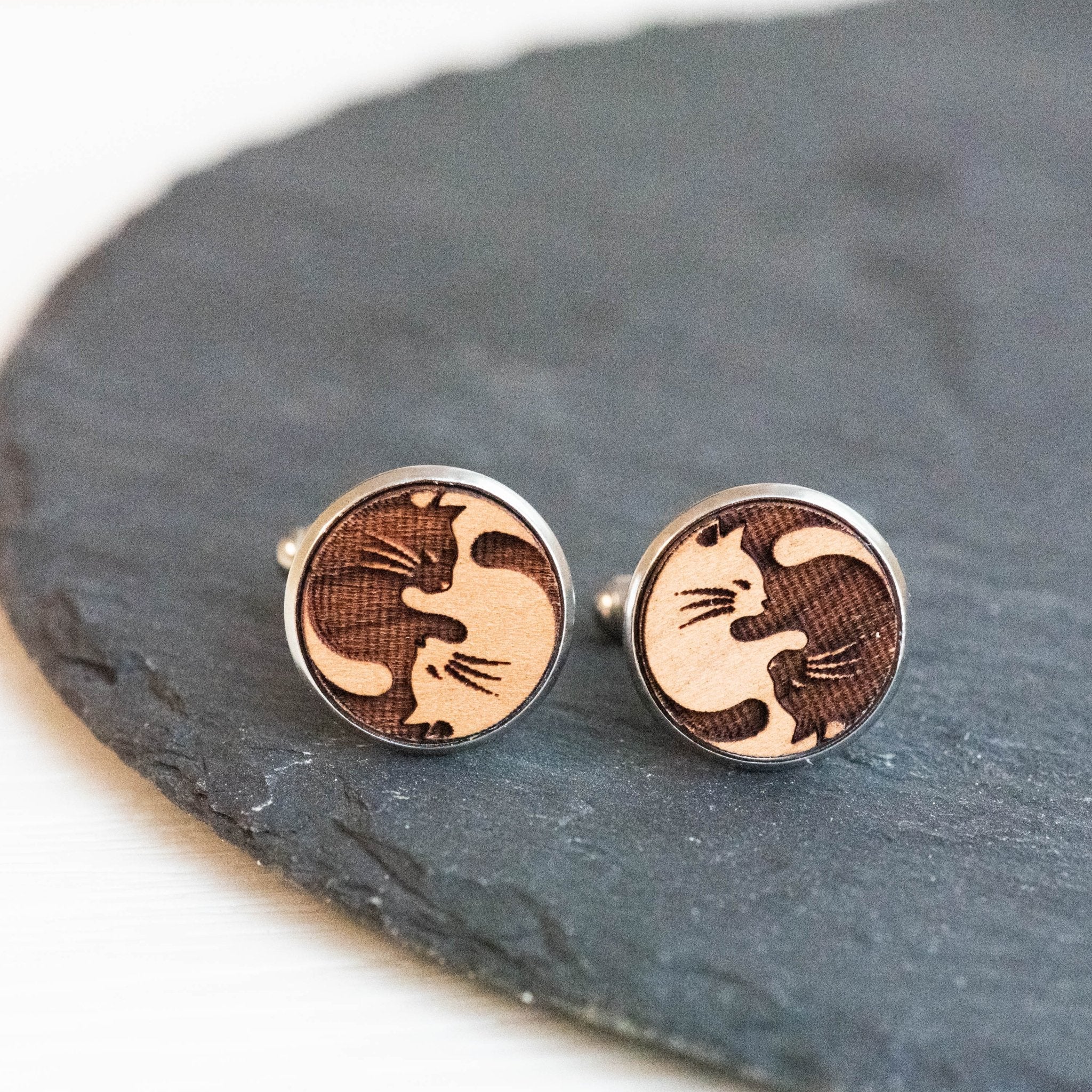 Yin & Yang Cat Cherry Wood Cufflinks - CL30020 - Robin Valley Official Store