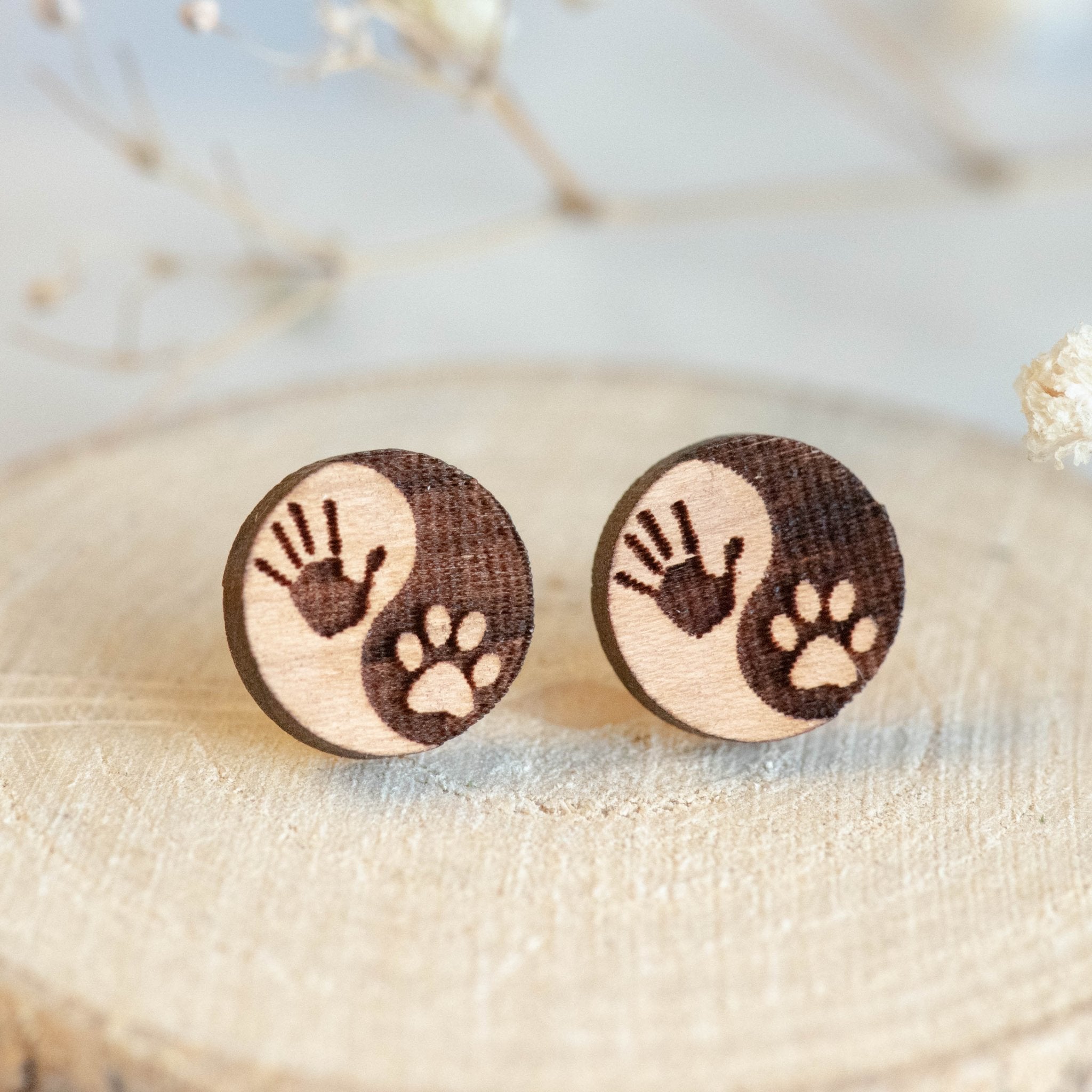 Yin Yang Hand & Paw Cherry Wood Stud Earrings - ET15001 - Robin Valley Official Store